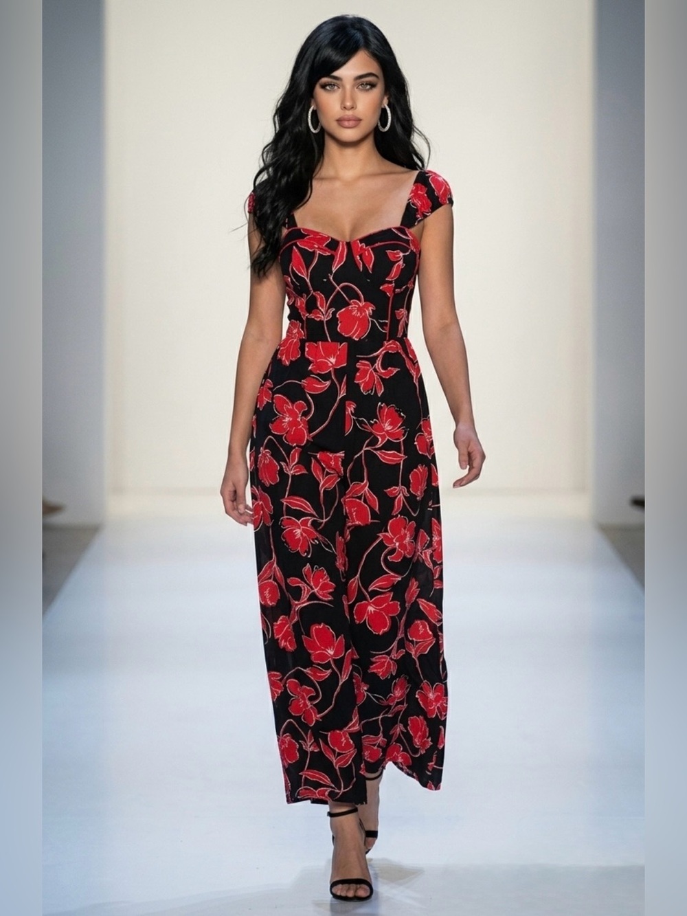 2 for $30 | Red Floral Black Jumpsuit with Sweetheart Neckline